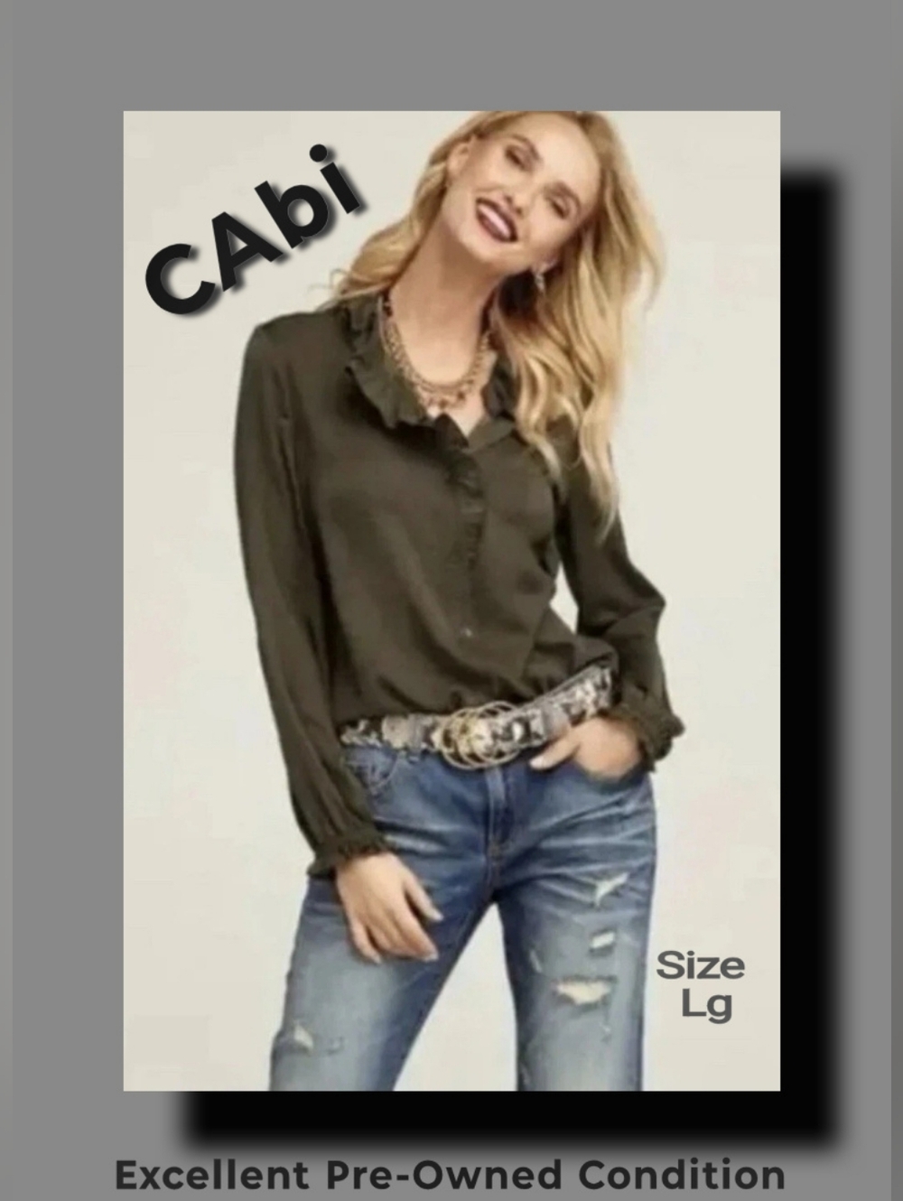 Cabi #4167 Icon Blouse Womens Large Green Satin Ruffle Collar Button Up EUC
